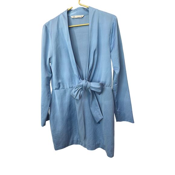 Zara Long Sleeve Mini Dress Robin’s Egg Blue Deep V Neck Tie Women’s Sz L EUC - Picture 2 of 4